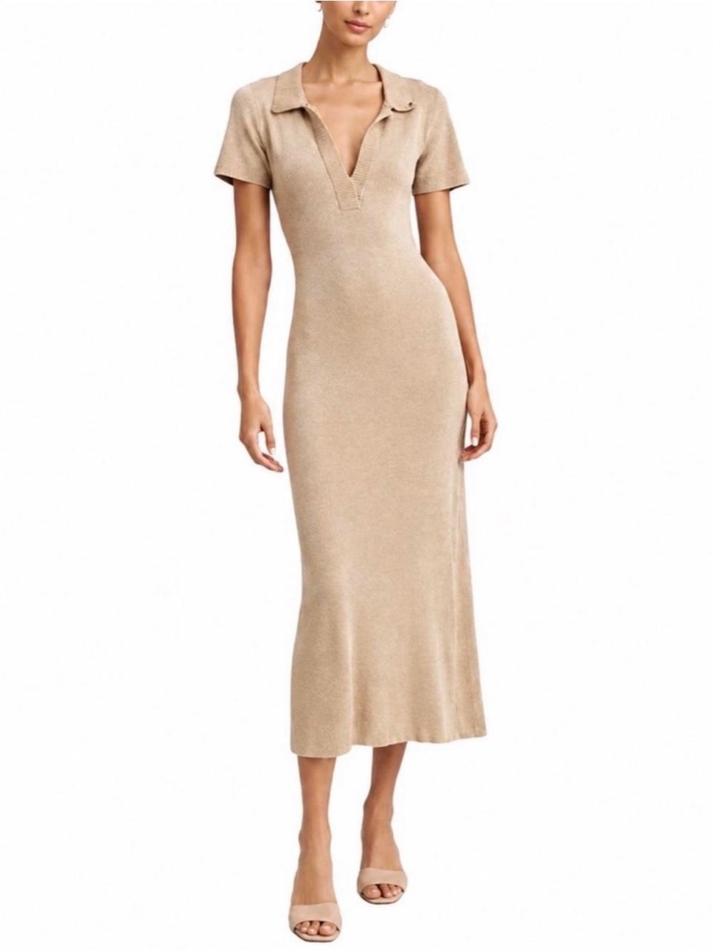 Caroline Constas Tan Crochet Knit Midi Collared Body Con Dress